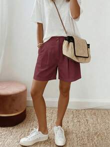 Balvessa Summer Casual Solid Color Loose Shorts - Burgundy - View 4