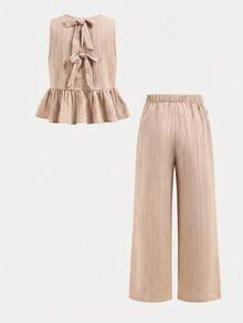 SHEIN 2pcs/Set Atasan Tank Top dan Legging Kasual Warna Aprikot dengan Leher Bulat dan Kain Bertekstur serta Pita di Belakang untuk Anak Perempuan Usia 8-12 Tahun - Aprikot - View 2
