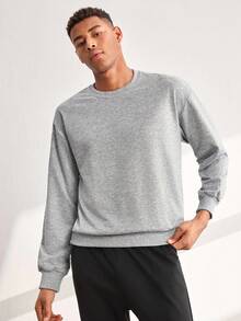 Men's Casual Sports Sweatshirt - Solid Color, Long Sleeve, Knit Fabric, H-Silhouette, Suitable For Hiking And Outdoor Activities, Polyester Material, Crew Neck, Sporty Autumn/Winter Top Spring - Light Grey - View 4
