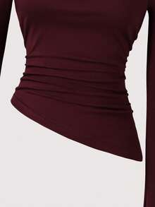 Teen Girl Solid Color Bell Sleeve Asymmetric Hem Ruched T-Shirt - Burgundy - View 6