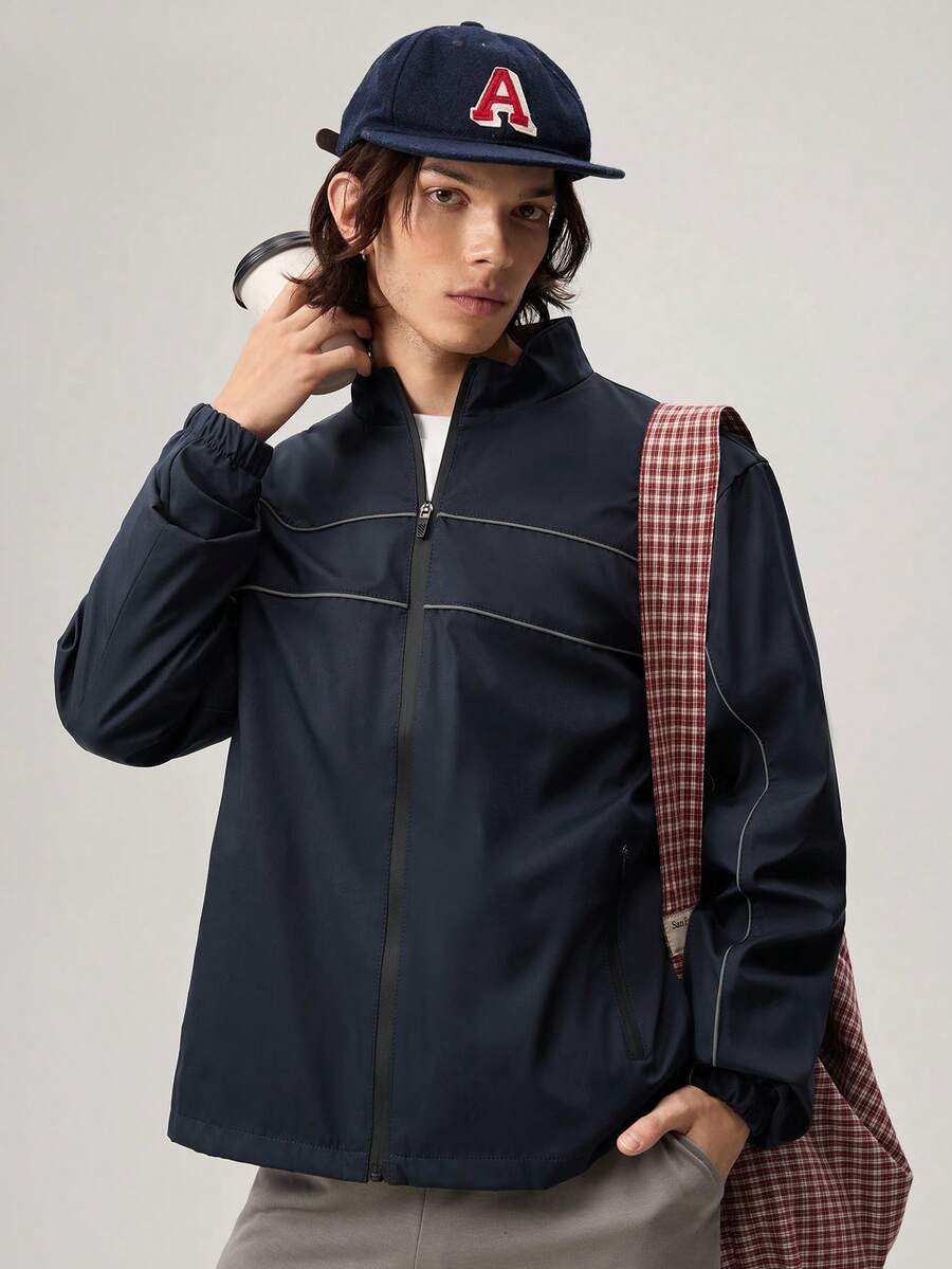 Men's Navy Blue Woven Fabric Long Sleeve Regular Length Jacket With Striped Detail - Navy Blue - View 1