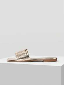 MOTF WOMEN'S MINIMALIST STYLE METAL THIN STRAP OPEN-TOED SANDALS, SQUARE TOE MULTI-STRAP PARTY FLAT SLIPPERS AND VACATION BEACH SHOES - Gold - View 7