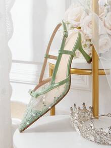 CUCCOO HITCHD French Lace Pointed Toe Slingback High Heels 2026 Spring And Summer New Bow Kitten Heel Sandals Women - Light green - View 2