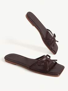 CUCCOO CHICEST Square Toe Bow Flat Bottom Sandals, Simple Belt Design, Casual Open-Toed Slippers For Daily Wear In Summer - Brown - View 3