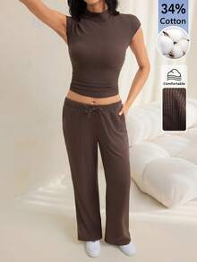 SHEIN Tall 女款純色立領短袖上衣與長褲休閒兩件套 - 棕色 - 查看 1