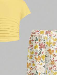 Young Girl Vintage Sweet Lemon Yellow, Pastoral Floral Style, Sister & Matching Outfit, 2pcs/Set: Ruched High Neck Fitted Top Paired With Wide Leg Pants - Multicolor - View 7