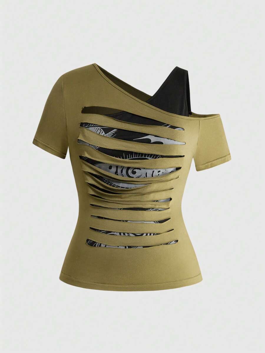 ROMWE Grunge Punk Plus Size Dark Punk 2 In 1 Fitted Distressed Ripped Edge T-Shirt - Green - View 1