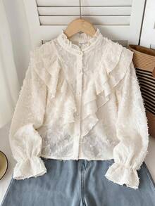 Firerie Kids Firerie Kids Elegante zarte Retro-Palaststil-Bluse für Kleine Mädchen und Tween-Mädchen in Apricot, einfarbig, mit Stehkragen, Rüschen, Jacquard-Struktur, Knöpfen und ausgestellten Ärmeln, für den Alltag und Schulanfang - Weiss - Übersicht 2