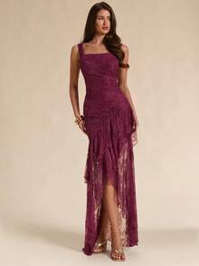 SHEIN BAE Vestido largo de mujer de primavera/verano color albaricoque liso con tirantes finos, cuello cuadrado, de gasa con volantes y abertura alta - Albaricoque - Ver 4