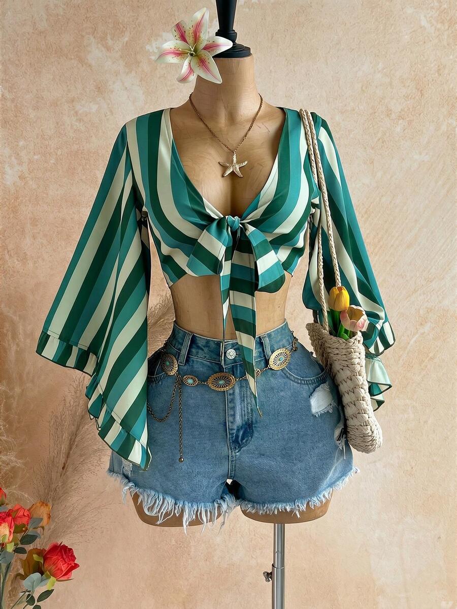 Soleia 女款條紋拼色休閒百搭日常穿著襯衫 - 綠色 - 查看 1