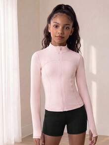 SHEIN 少女運動服，粉色彈性防曬瑜伽外套，適用於瑜伽、普拉提、跑步和戶外運動 - 淺粉色 - 查看 2