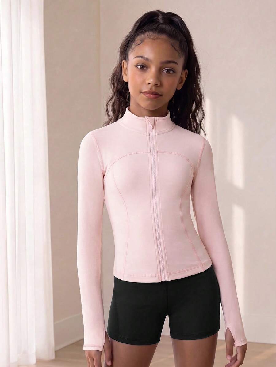 SHEIN 少女運動服，粉色彈性防曬瑜伽外套，適用於瑜伽、普拉提、跑步和戶外運動