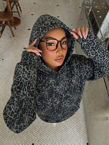 Muchica 女款寬鬆抓絨運動衫，仿水洗針織水印豹紋圖案，黑色與灰色，適合春、秋、冬，街頭風 - 彩色 - 查看 7