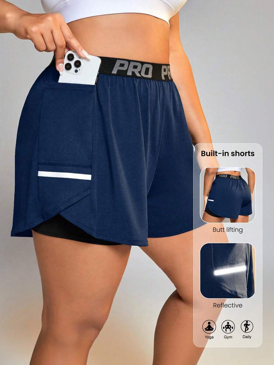 SHEIN Rhythm Era Women's Letter Waistband Pocket Double Layer Sports Shorts - Royal Blue - View 1