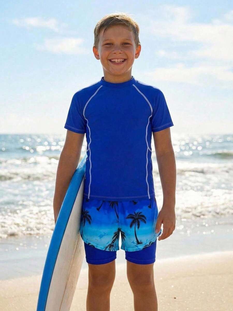 SHEIN 2pcs/Set Boys Summer Hawaiian Coconut Tree Letter Print Knit Short Sleeve T-Shirt And Shorts Set