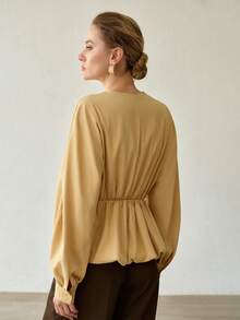 MOTF PREMIUM WOMEN'S SPRING/AUTUMN FASHION COMMUTER SURPLICE NECK LANTERN SLEEVE BUBBLE PEPLUM HEM TOP OFFICE CREAM ELEGANT - Apricot - View 5