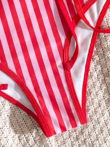 Swim Vcay Women's Spring/Summer Hot-Selling Fashion Striped Print With Solid Color Trim Design Beach Two-Piece Bikini Vacation Set - Red - View 5