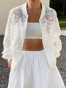 DAZY Women's Loose Lace Crew Neck Regular Jacket Day Party Rave White Summer Elegant - White - View 7