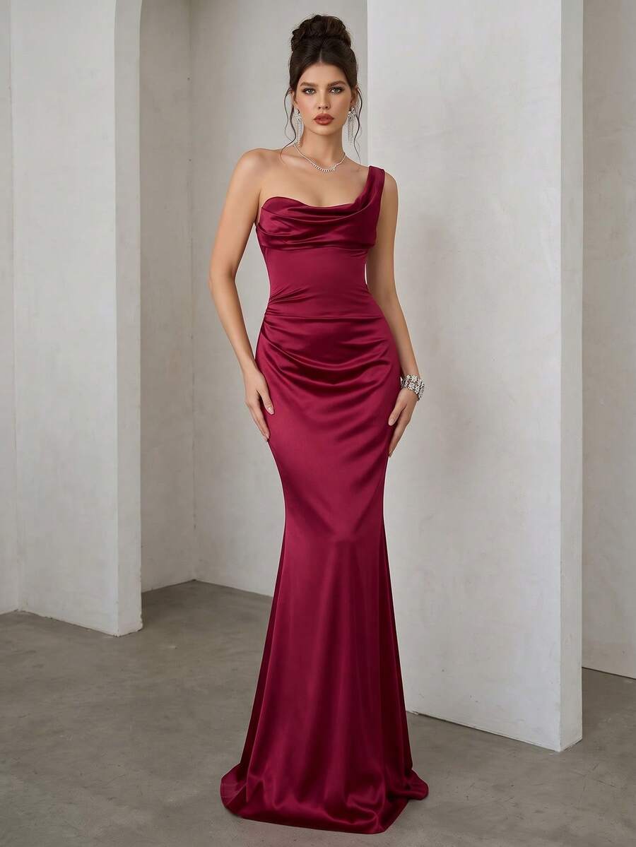 Coutiva Elegant Satin Asymmetric Off-Shoulder Fitted High Slit Mermaid Long Dress, Suitable For Wedding Guests, Banquets, Parties, Formal Occasions - Burgundy - View 1