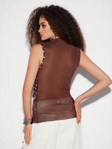 Lumivelle Top sans manches en patchwork de maille à pois marron foncé, design à col montant avec volants, coupe cintrée affinante, t-shirt sans manches élégant style mature pour fille à la mode - Tabac - Voir 2
