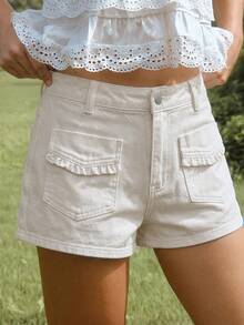 WESTFADE Ruffle Flap Pockets Denim Shorts,, Female Country Look, Western, Cowgirl, Rodeo, Back To School, Festival, Concert - Apricot - View 5