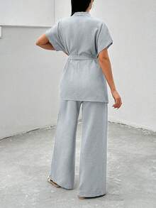 EURMUSE Tall 高个女式休闲灰色纯色短袖系带和服式上衣和长裤两件套舒适套装 - 灰色 - 查看 2