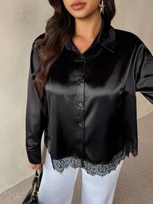 Auralis Plus Size Women's Solid Color Single-Breasted Casual Versatile Daily Wear Shirt Fall - Black - View 5