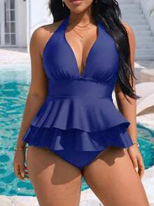 Swim Vcay 2026 New V-Neck Sleeveless Ruffle Top & High Waist Bottoms Plus Size Women Bikini Set Set, Suitable For Beach & Vacation In Spring/Summer - Navy Blue - View 5