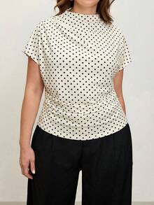 Comfylo Plus Size Women Polka Dot Print Batwing Sleeve Pleated Fitted T-Shirt - Multicolor - View 5