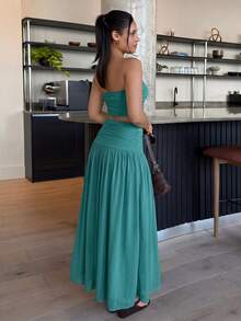 leahseptember 女款網紗純色抹胸上衣與長裙兩件套 優雅 - 青碧色 - 查看 3