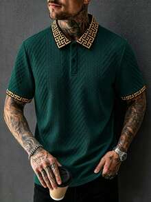 EGENSIO Men's Knitted Jacquard Textured Geometric Pattern Print Contrast Color Button Half-Placket Polo Shirt - Dark Green - View 3