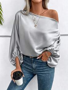 SHEIN 女款素色單肩休閒百搭日常旅行襯衫 - 灰色 - 查看 4