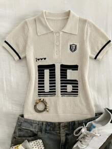 DAZY Loose Fit Collared Letter Polo Short Sleeve Sweater Top For Young Girls' Fall - Beige - View 2