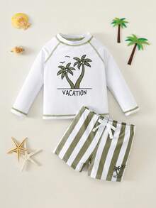 SHEIN 2pcs Baby Boy Summer Casual Vacation Swimwear Set, Includes Swimsuit Top And Striped Swim Trunks/Shorts, Suitable For Beach, Pool, Spa - Multicolor - View 3