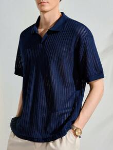 男士条纹短袖休闲通勤 Polo 衫 - 藏蓝色 - 查看 7