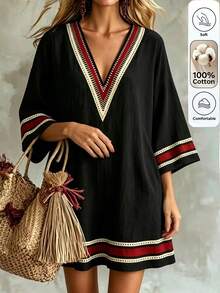 Louniche Women's Contrast Color V-Neck Loose Short Dress, Suitable For Summer Vacation Vacation Black Boho - Black - View 5