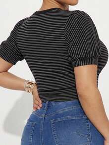 Dazy Plus Camiseta ajustada de manga corta con cuello redondo y bloques de color a rayas, primavera/verano - Negro - Ver 2