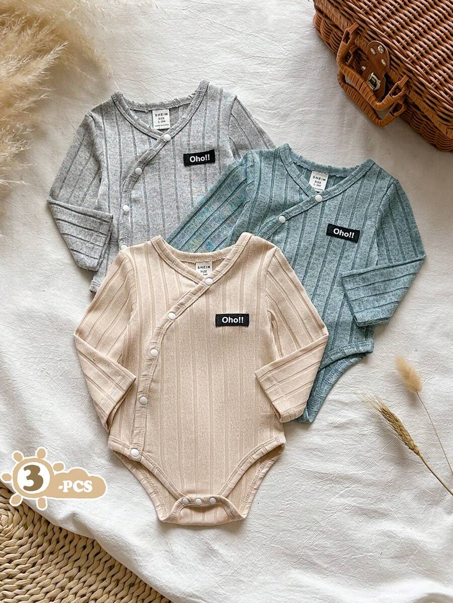 SHEIN Vintaside Kids 新生兒女嬰與男嬰白色純色交叉前襟舒適可愛趣味優雅極簡時尚彈性長袖連身衣多件套裝 - 彩色 - 查看 1