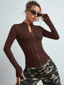 SHEIN EZwear 女款 Y2K 拉鍊拇指孔黑色夾克，秋冬款 - 咖啡棕 - 查看 6