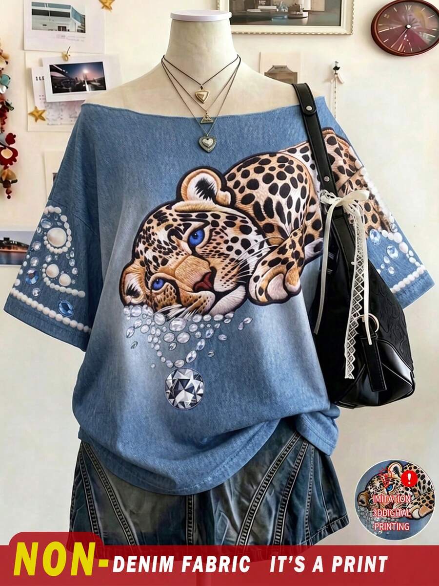 Lalippa 女款豹紋露肩落肩休閒T恤 - 黑色 - 查看 1