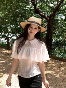 DAZY Women's Korean Style Solid Color Long Sleeve Blouse With Lapel And Ruffle Trim, Spring/Summer - White - View 4