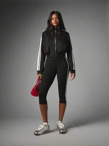 MISSGUIDED Tricot Funnel Neck Full Zip Track Top With Contrast Side Stripe Detail And Ribbed Cuffs - Black and White - View 4