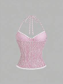 Sweetra Plaid Bow Decor Lace Trim Halter Neck Tie Strap Tank Top - Pink - View 2