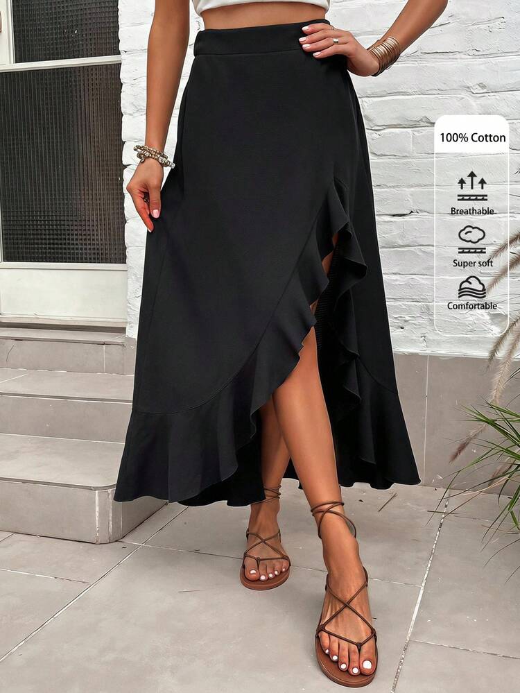 SHEIN VCAY Women's Solid Color Woven Ruffle Hem Slit Skirt For Vacation Vacation Black Summer Casual - Black - View 1