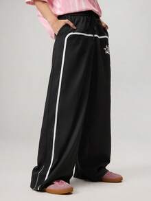 Men's Wide Leg Printed Drawstring Waist Street Pants, Fall Wide Leg - Black - View 1