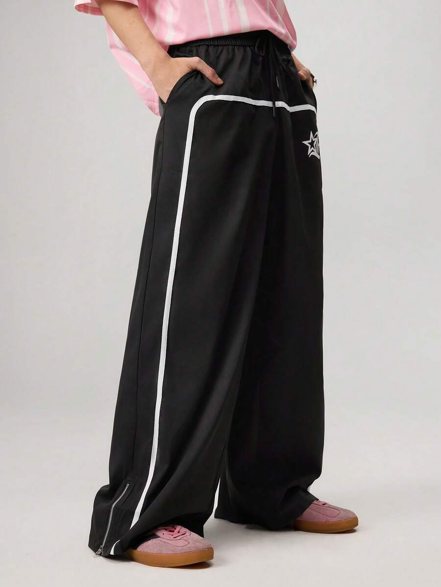 Men's Wide Leg Printed Drawstring Waist Street Pants, Fall Wide Leg - Black - View 1