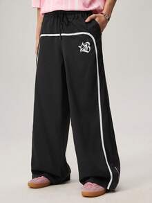 Men's Wide Leg Printed Drawstring Waist Street Pants, Fall Wide Leg - Black - View 4