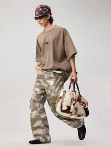 Men's Street Style Air Layer Suede Flocked Loose Dropped Shoulder Round Neck Short Sleeve T-Shirt, 2000s Style - Brown - View 7