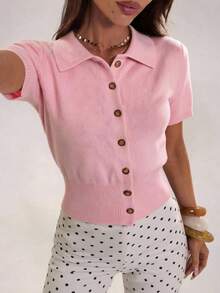 SHEIN BAE Solid Color Lapel Waist-Cinching Slim Fit Short Sleeve Women's Cardigan Sweater - Pink - View 9
