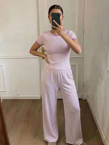 DAZY 女款對比飾邊條紋短袖上衣與長褲休閒日常居家服套裝 - 粉色 - 查看 4